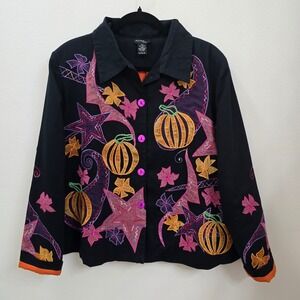 Hona To Be Fall Harvest Pumpkin Embroidered Jacket Black Cotton Womens Large